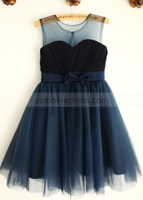 Navy Blue\Ivory  Chiffon Tulle Knee Length Flower Girl Dress